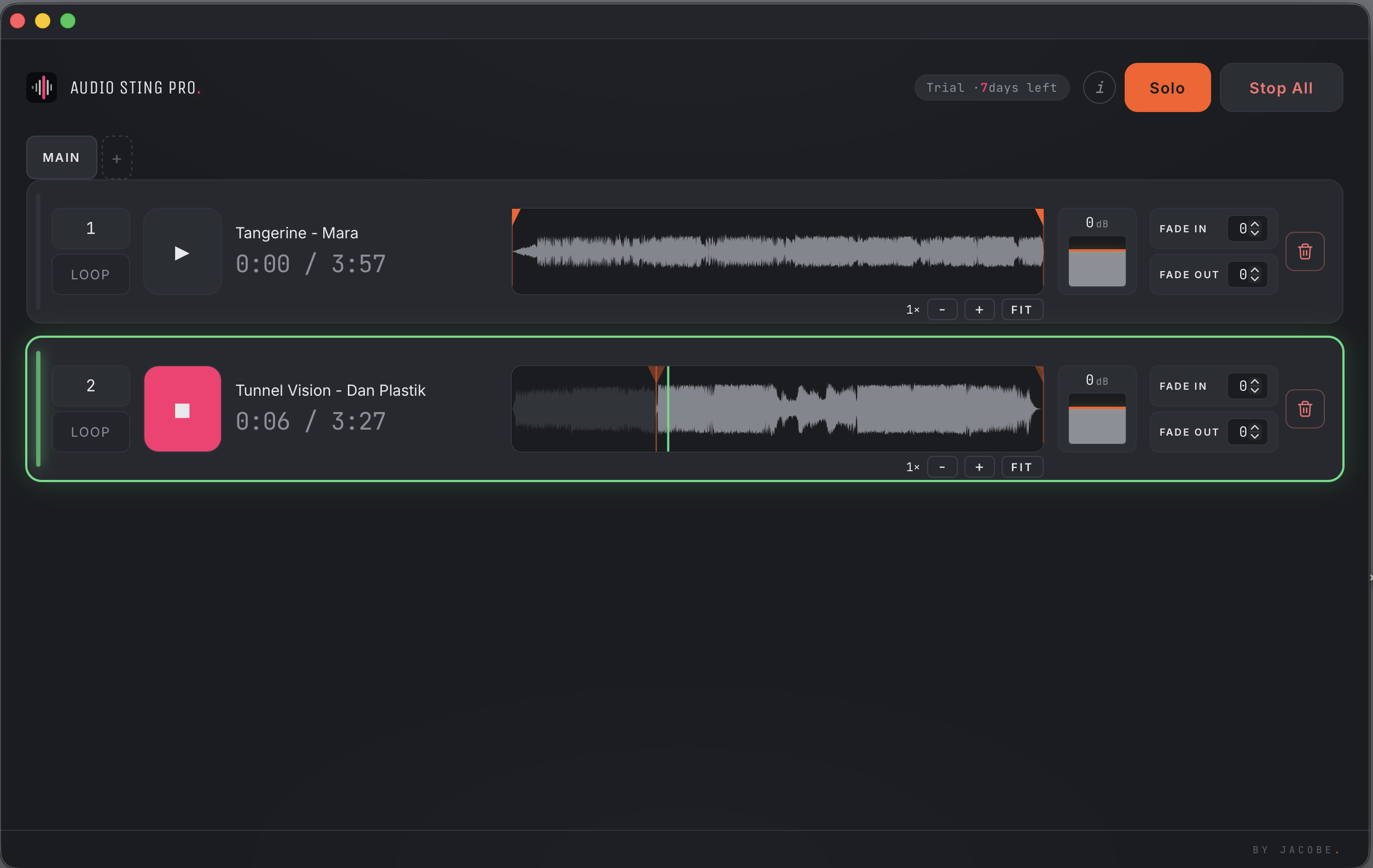Audio Sting Pro: a list of audio tracks with waveforms, play and loop controls, fade-in and fade-out fields, and Solo / Stop All transport at the top.