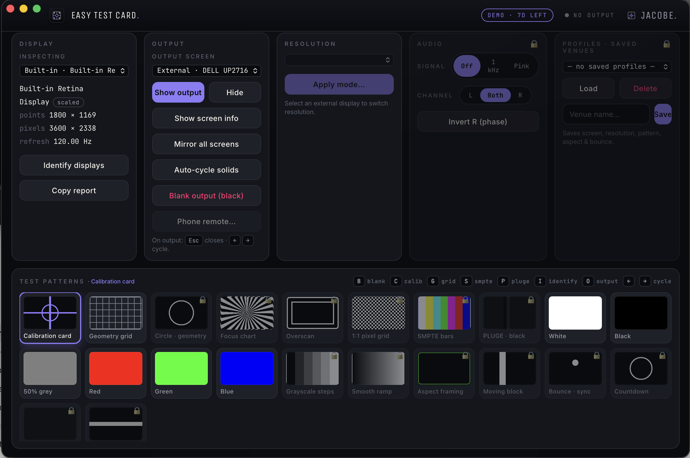 Easy Test Card: a display inspector, output controls, resolution and audio panels, saved venue profiles, and a grid of test patterns including calibration card, SMPTE bars, focus chart and solid colours.