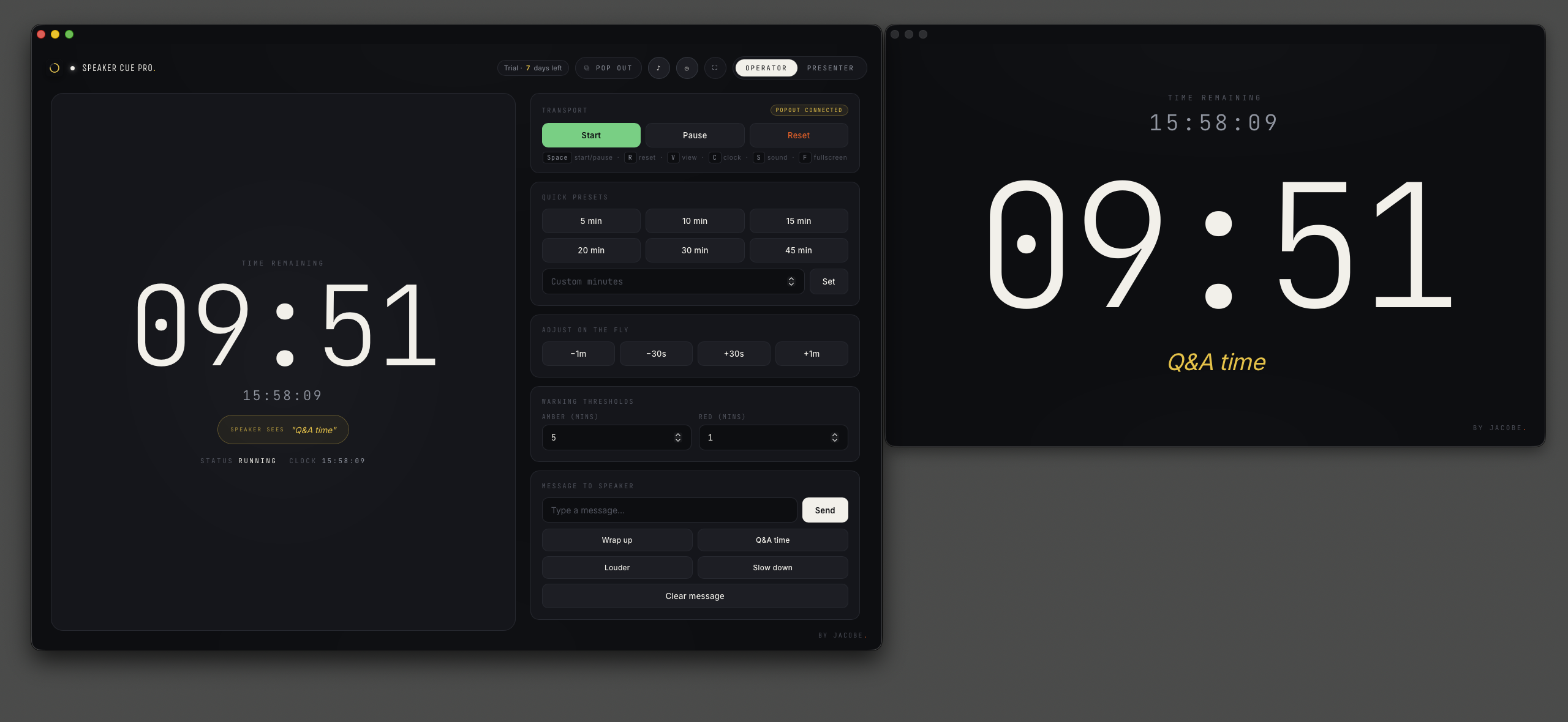 Speaker Cue Pro on two screens: the operator console on the left and the speaker's monitor on the right showing 09:51 with the message 'Q&A time'.
