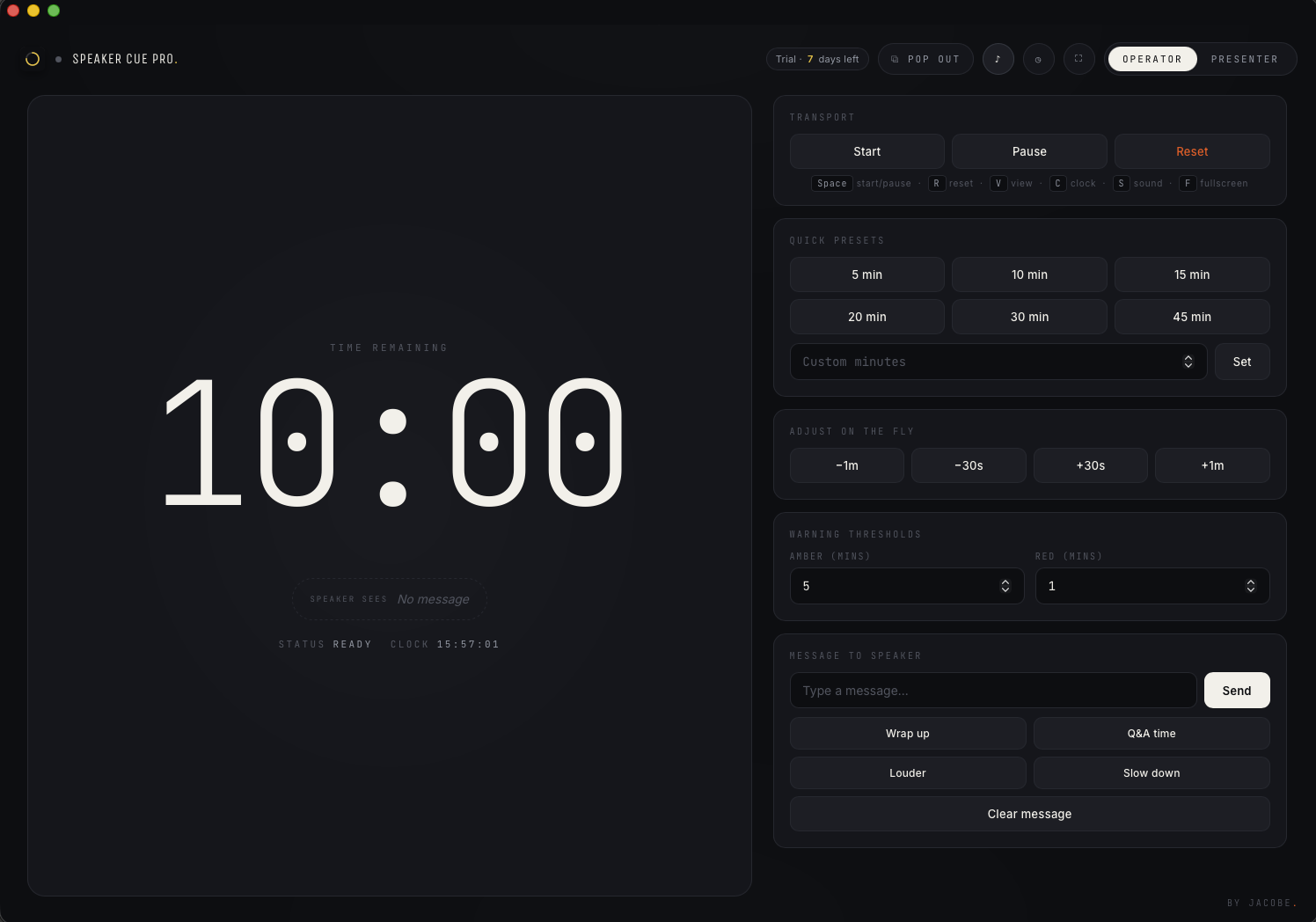 Speaker Cue Pro operator view: a 10:00 countdown beside the transport controls, quick presets, warning thresholds and the message-to-speaker panel.
