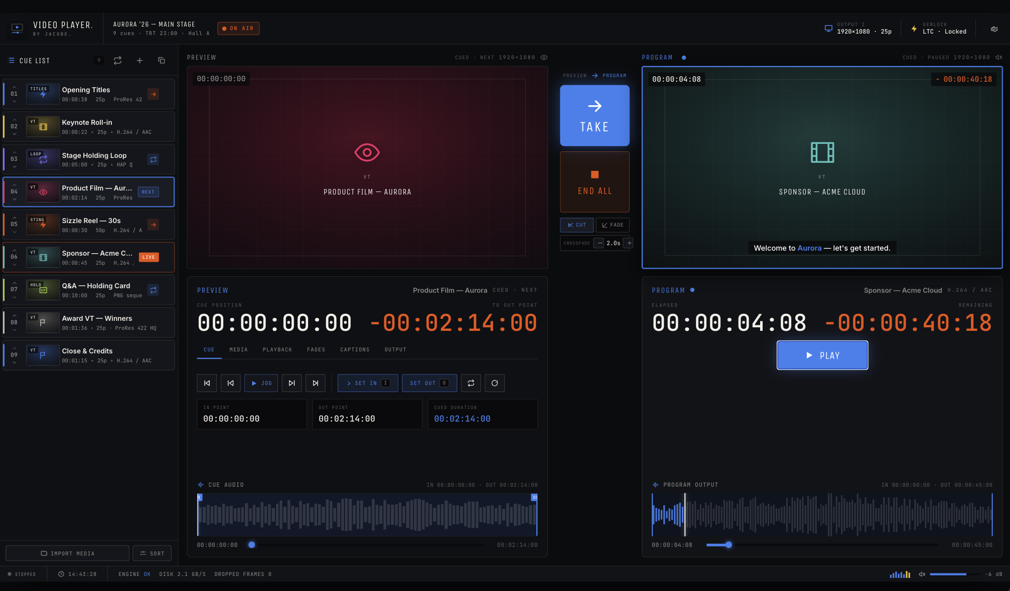 Jacobe Video Player — broadcast-style program playout for live events.